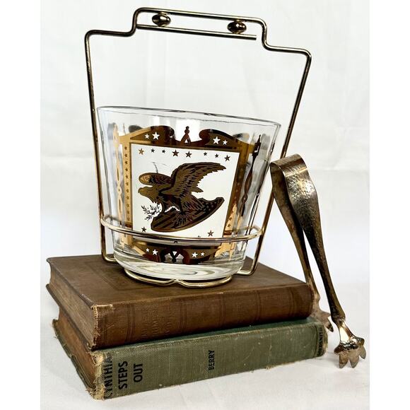 Vintage Glass Ice Bucket Gold Eagle pattern Gold holder and tongs - Picture 1 of 10